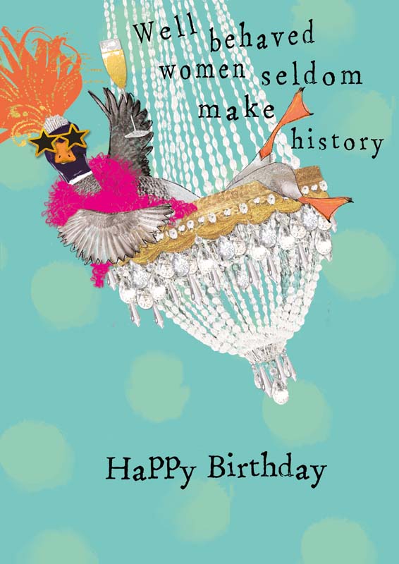 Pack of two illustrated birthday cards featuring a goose on a chandelier and a goose popping out of a birthday cake