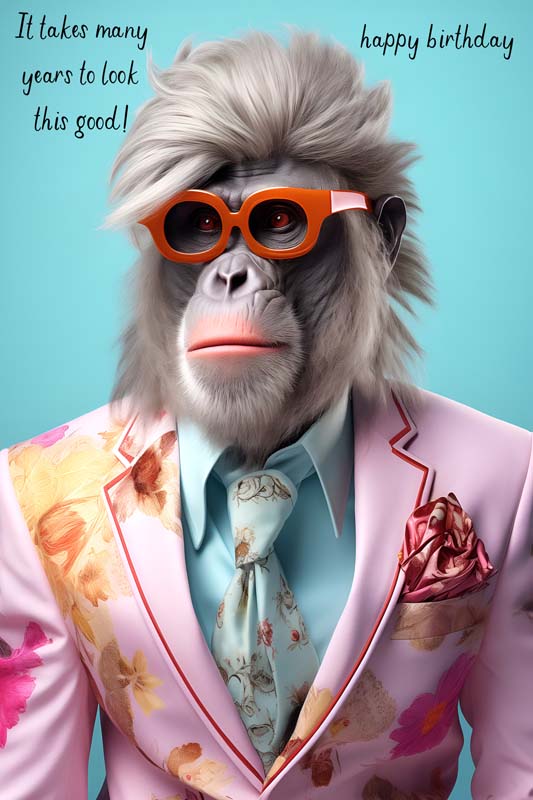 stylish animal birthday cards featuring a fashionable polar bear and a smartly dressed monkey with humorous birthday messages