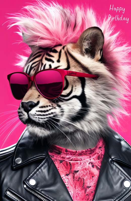 cool animal birthday cards featuring a sunglasses-wearing bear and a punk tiger in bright colours