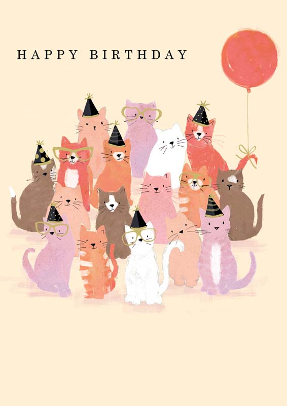 cute birthday cards featuring a group of party dogs and party cats wearing hats and glasses