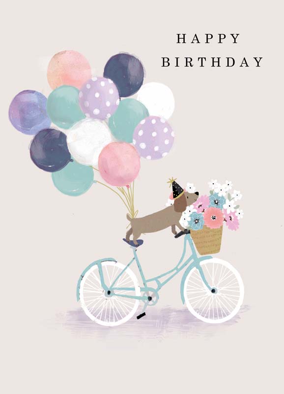 illustrated birthday cards featuring a dog on a bicycle with balloons and a bear holding balloons
