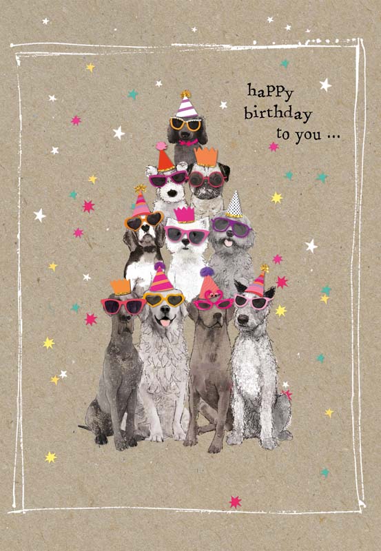 Two illustrated birthday cards featuring cats and dogs wearing party hats and sunglasses in a playful stacked group pose.