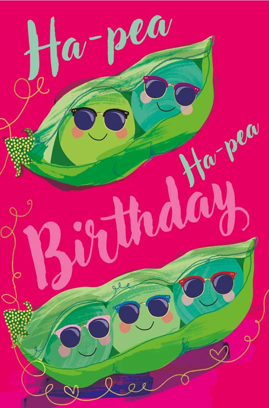 Two pun birthday cards featuring smiling pea characters, one with confetti and one with peas in a pod on a bright pink background.