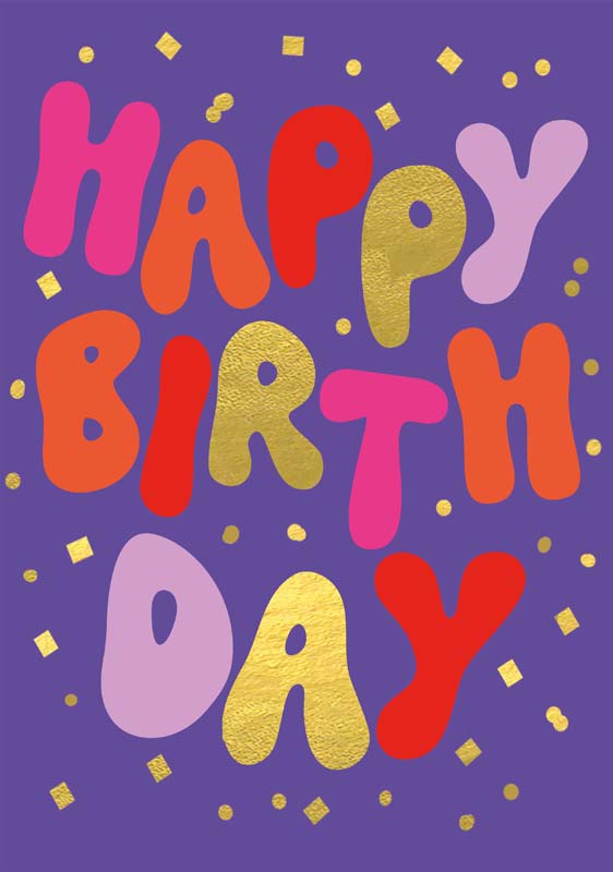 Two modern birthday cards featuring colourful balloons and bold Happy Birthday typography with confetti details.