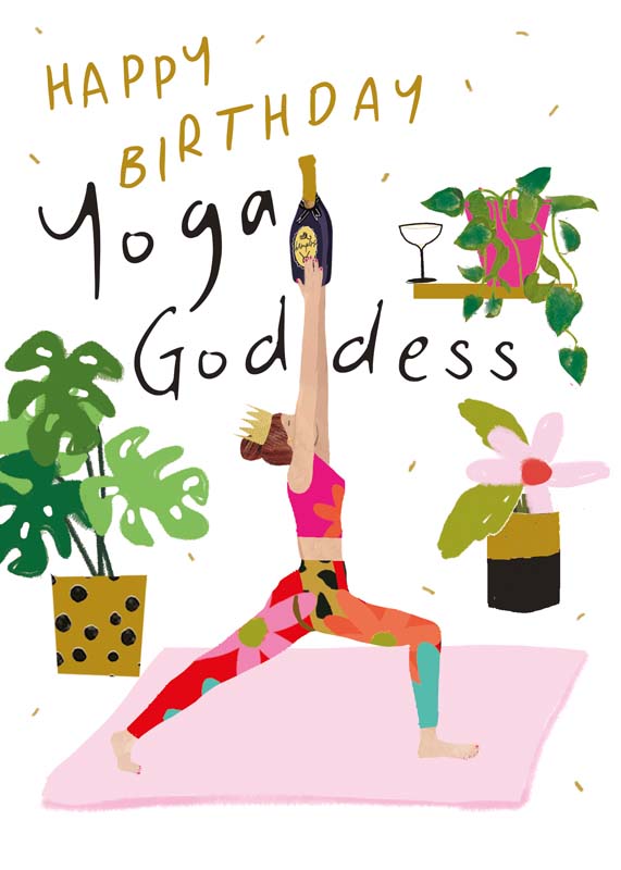 Two birthday cards featuring yoga and gym fitness illustrations, one with a yoga pose and one with workout scenes and exercise equipment.