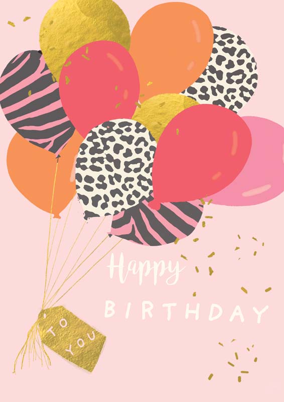 Bright modern birthday 2-pack (2PK637) with patterned candles and animal-print balloons. Fun, colourful Happy Birthday cards for friends and family.