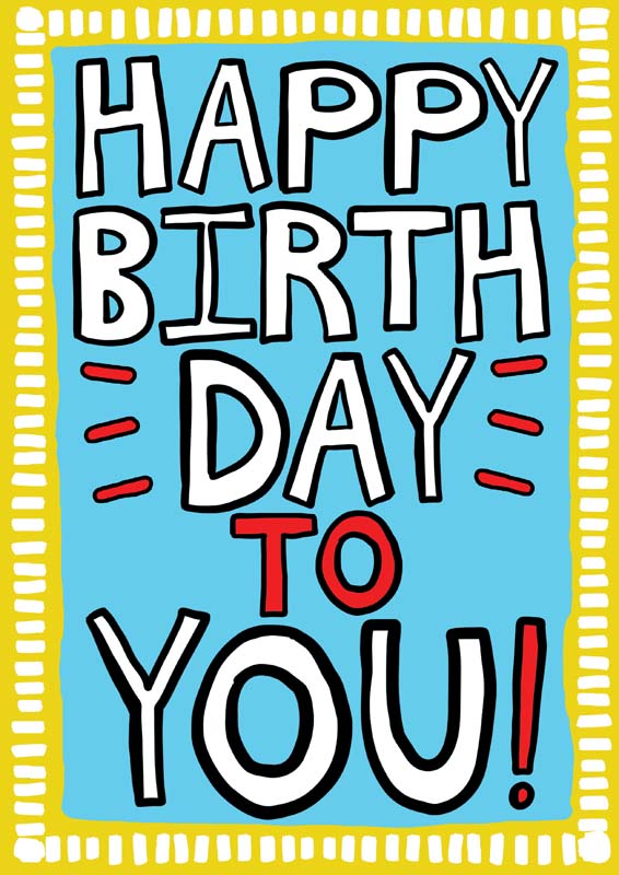 Colourful modern birthday card designs with bold hand-drawn lettering and bright graphic patterns on vibrant backgrounds.