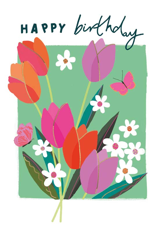 Happy birthday floral card with colourful flowers and butterfly on blue background, floral birthday card with tulips and blossoms on green background with butterfly accents