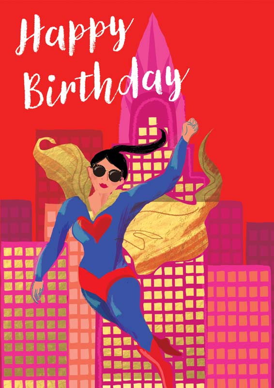 Happy birthday you fabulous woman card with stylish illustrated woman and sunglasses, superhero happy birthday card with flying woman over colourful city skyline