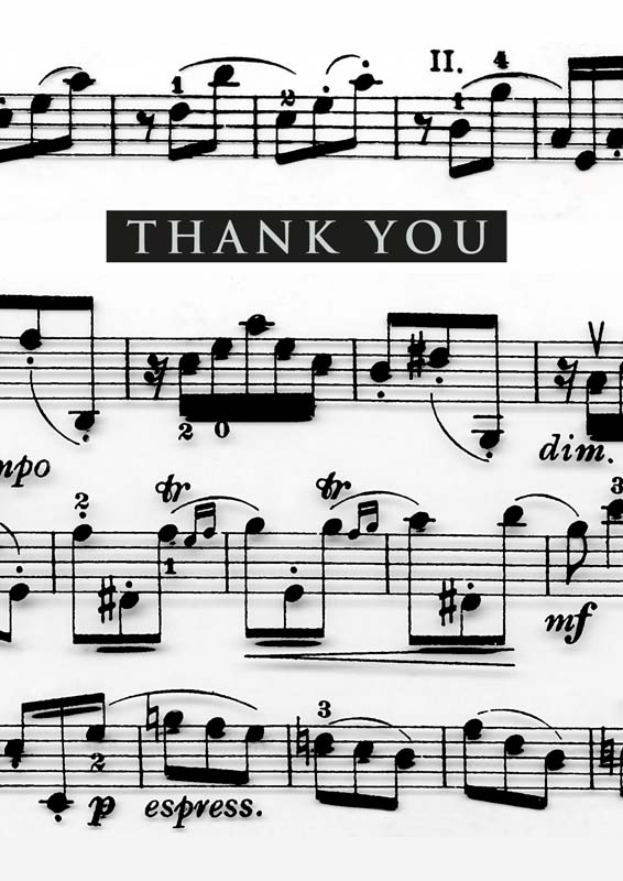 Black and white sheet music card with bold happy birthday title, monochrome sheet music thank you card with bold text band