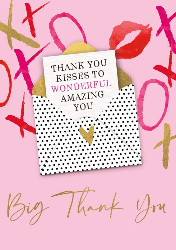 Pink thank you card with illustrated envelope and note reading
