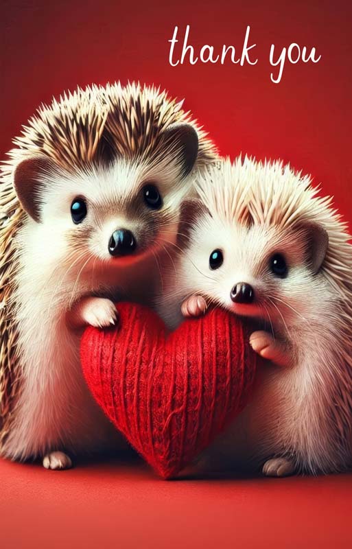 Thank you card with a cat wearing red heart sunglasses and a pink bow tie, holding flowers on a pink background. Thank you card with two hedgehogs holding a knitted red heart on a red background