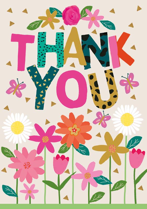 thank you so much card with bold colourful typography on purple background. thank you card with colourful patterned letters and bright floral garden illustration with butterflies