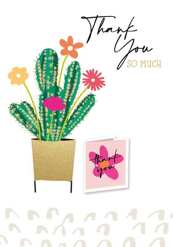 thank you so much card with colourful bouquet illustration and gold hearts on white background. thank you so much card with cactus in gold pot and colourful flowers, modern illustration on white