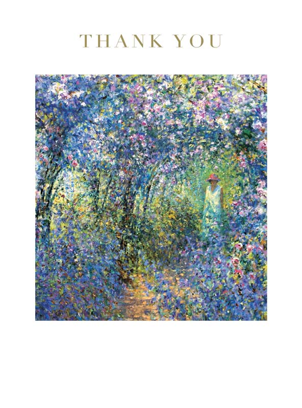 thank you card with impressionist water lily pond painting, lily pads and pink blooms in blue water. thank you card with impressionist garden path under flowering trees, soft colourful painterly scene