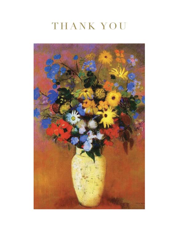 Thank you card featuring a classic oil-style painting of pink roses in a glass vase with elegant gold thank you text. Thank you card with a colourful painted bouquet in a yellow vase inspired by traditional fine art, finished with gold thank you lettering