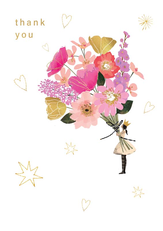 Illustrated thank you card with a bright floral bouquet wrapped in leopard print paper on a soft pink background.  Whimsical thank you card showing an illustrated figure holding a large bouquet with hearts and star details