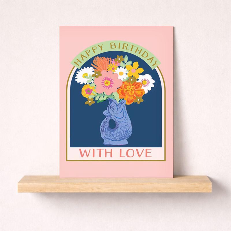 Bright floral birthday greetings card: vase of colourful flowers with "happy birthday with love" text. Ideal for spreading joy and warmth.