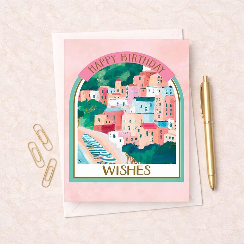 Bright cityscape painting on pink background with "Happy Birthday" in watercolor script - perfect for any special birthday celebration!