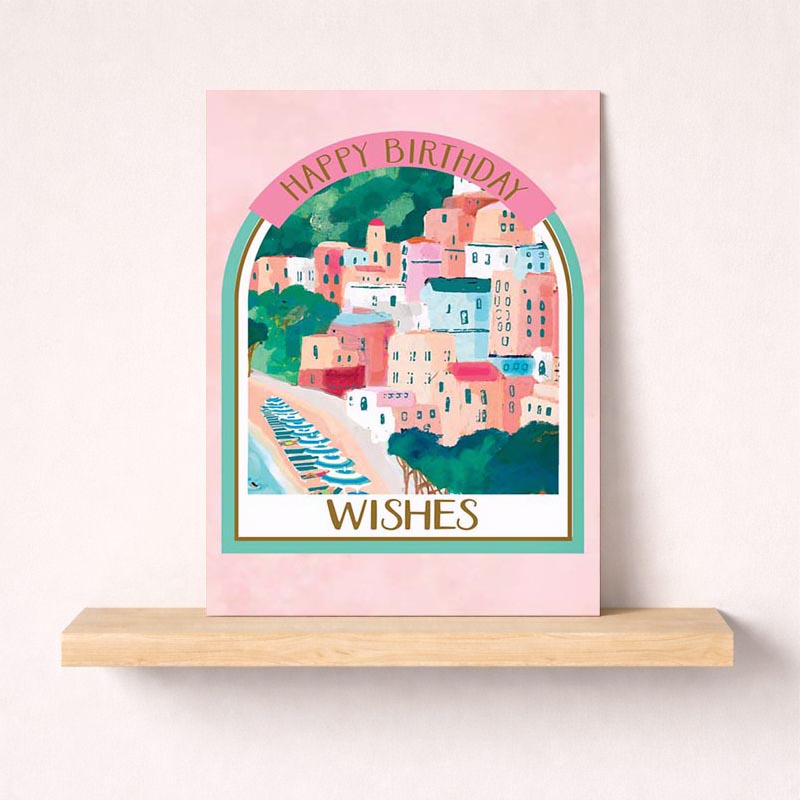 Bright cityscape painting on pink background with "Happy Birthday" in watercolor script - perfect for any special birthday celebration!