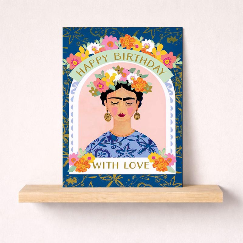 A charming birthday greetings card featuring a joyful woman with flowers in her hair, radiating love and happiness in a mix of blues, yellows, and whites.