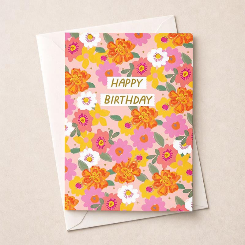 Bright floral birthday card with 'Happy Birthday' message and cute ladybug. Perfect for spreading joy to loved ones.