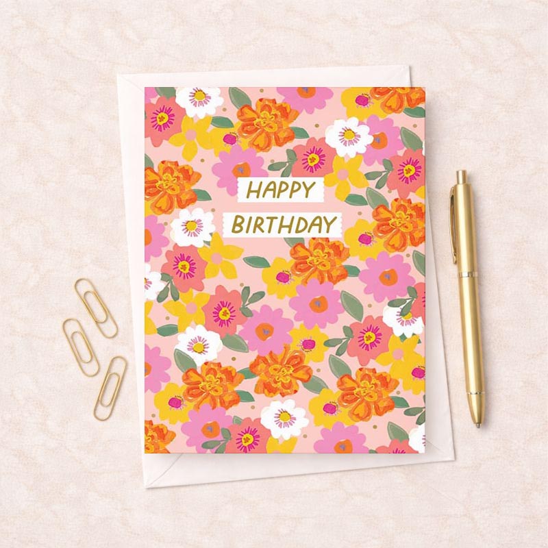 Bright floral birthday card with 'Happy Birthday' message and cute ladybug. Perfect for spreading joy to loved ones.