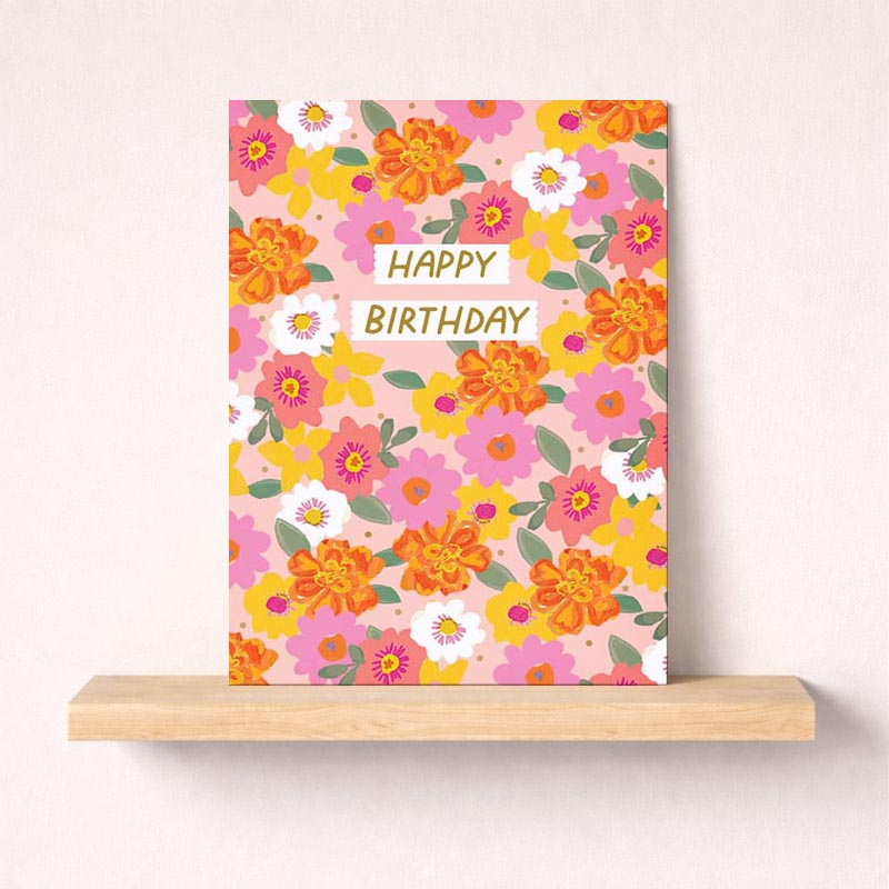 Bright floral birthday card with 'Happy Birthday' message and cute ladybug. Perfect for spreading joy to loved ones.