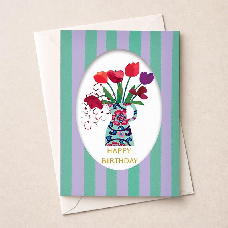 Brighten someone's day with this charming floral greetings card on a striped background. Ideal for special occasions.