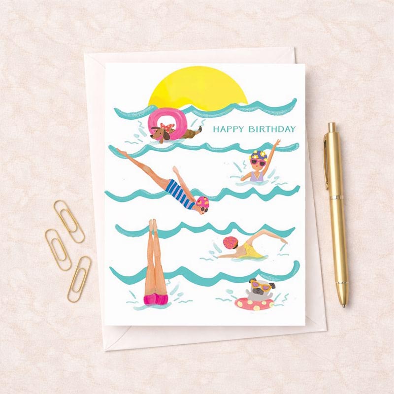 Vibrant beach scene with people swimming in ocean. Perfect for birthdays or to brighten someone's day. Share the sunshine!