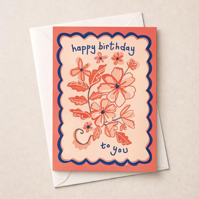 Bright orange and blue floral card for birthdays or just because. Spread love and positivity with this charming greetings card.