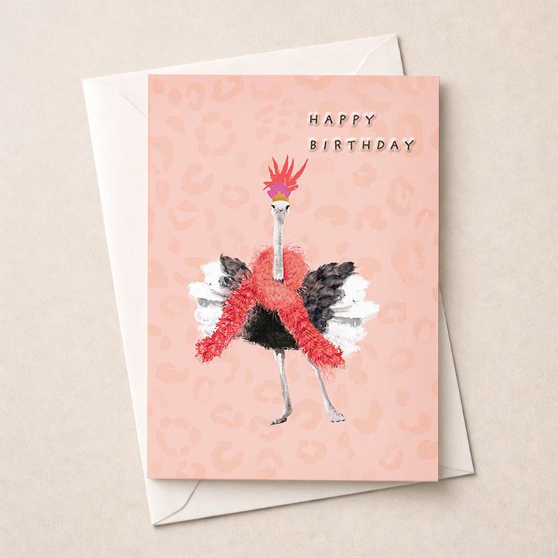 Pink ostrich in hat and scarf greetings card, perfect for birthdays or thank yous. Cute and quirky design to bring a smile.