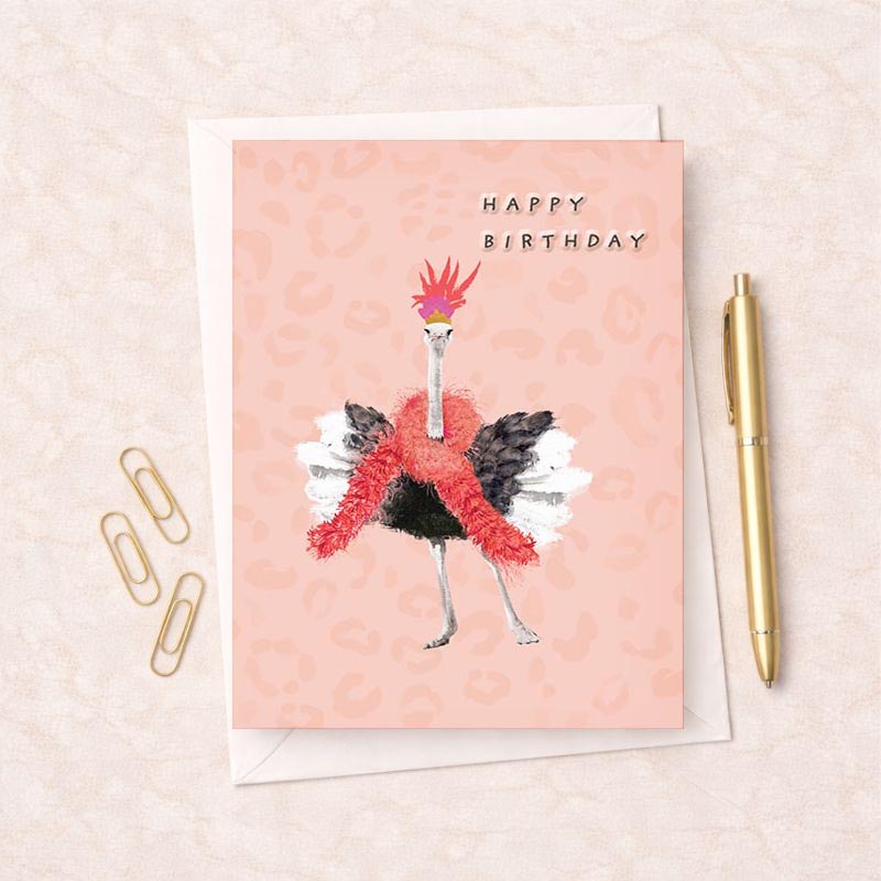 Pink ostrich in hat and scarf greetings card, perfect for birthdays or thank yous. Cute and quirky design to bring a smile.