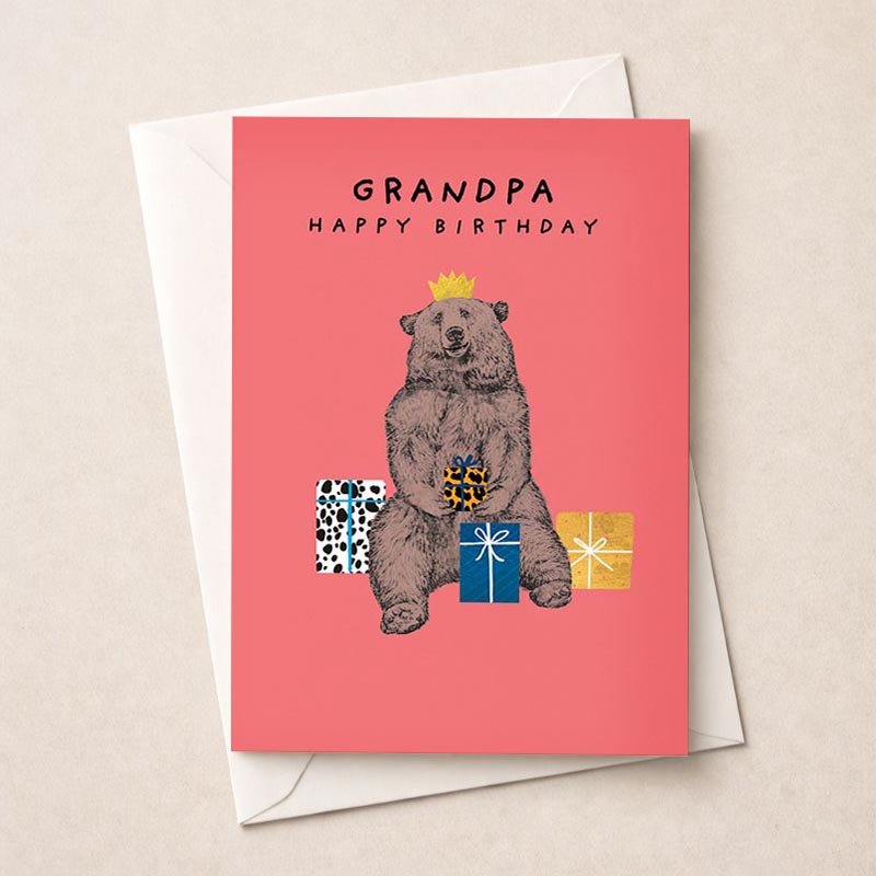 Charming bear card with crown, gift box, and pastel background. Perfect for spreading joy and celebrating special occasions.