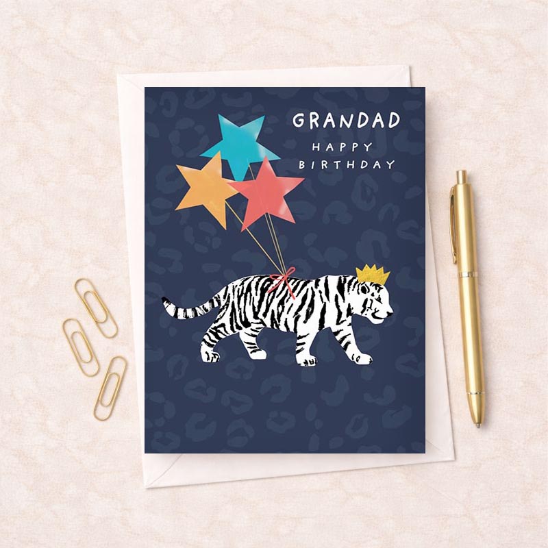 Charming tiger card with balloons &amp; stars, perfect for spreading cheer. Cute zebra with crown adds whimsy, great for any occasion.