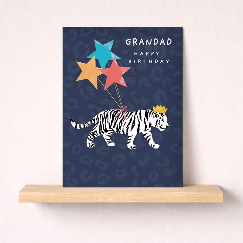 Charming tiger card with balloons &amp; stars, perfect for spreading cheer. Cute zebra with crown adds whimsy, great for any occasion.