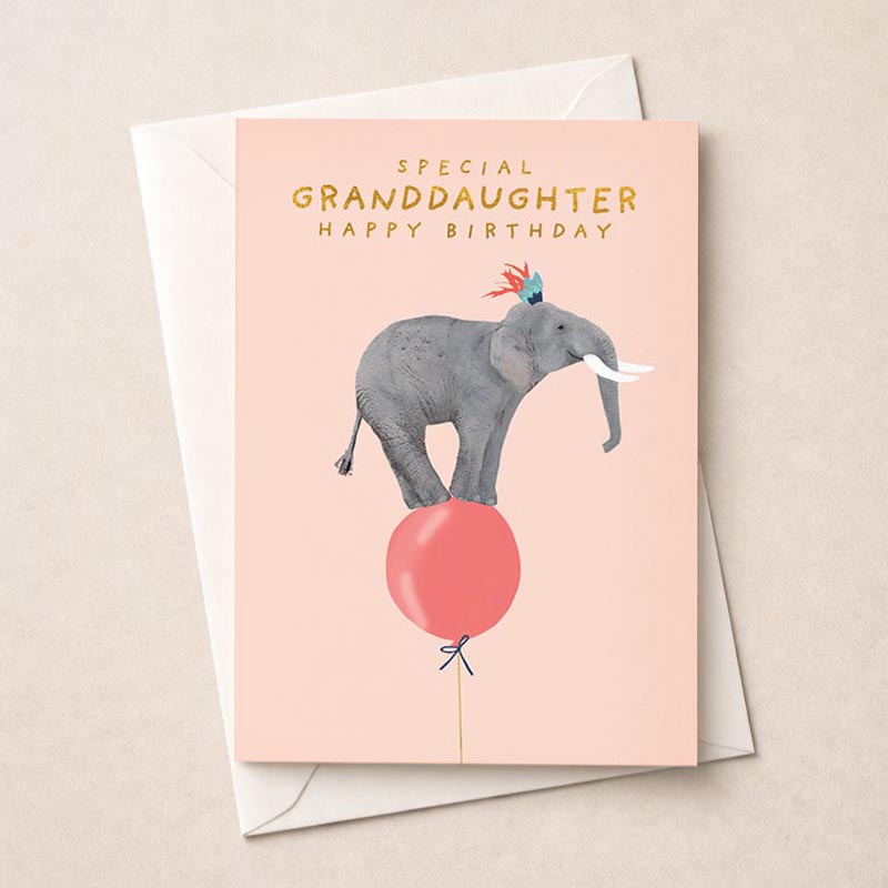 Charming greetings card with cute elephant on colourful balloon, perfect for a special birthday or to brighten someone's day.