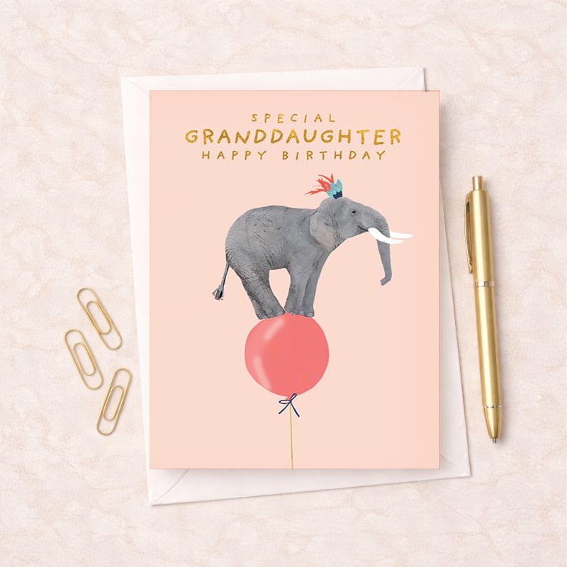 Charming greetings card with cute elephant on colourful balloon, perfect for a special birthday or to brighten someone's day.