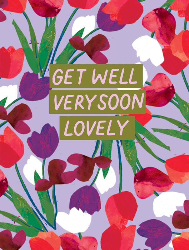 Vibrant A4 get well soon card with colorful floral pattern and message "Get well very soon lovely". Perfect for cheering up someone feeling under the weather.