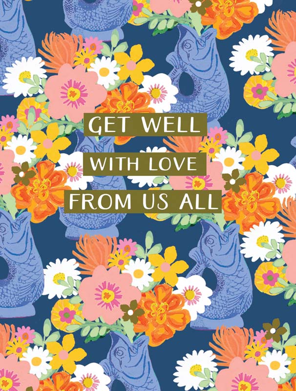 A4 greetings card with blue vase of vibrant flowers and "get well with love from us all" message. Bright and cheerful design.