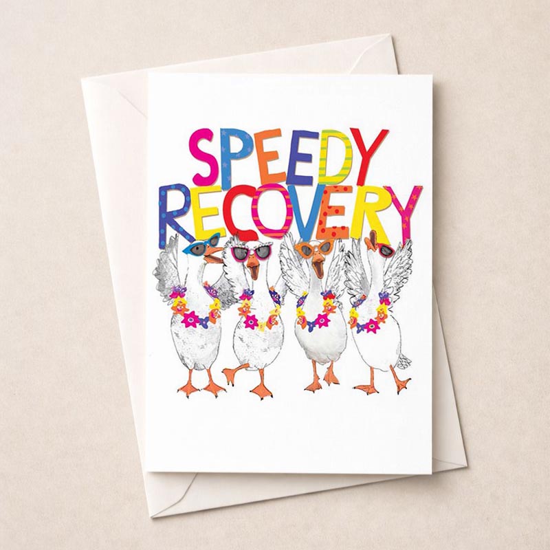 A4 card with ducks in sunglasses &amp; "speedy recovery" sign - perfect for cheering up a friend.
