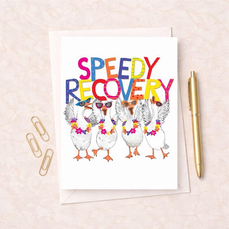 A4 card with ducks in sunglasses &amp; "speedy recovery" sign - perfect for cheering up a friend.