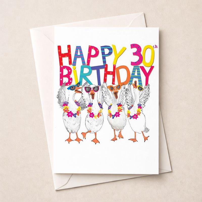 A4-sized birthday card with ducks in sunglasses and party hat, colorful and playful for a special celebration.