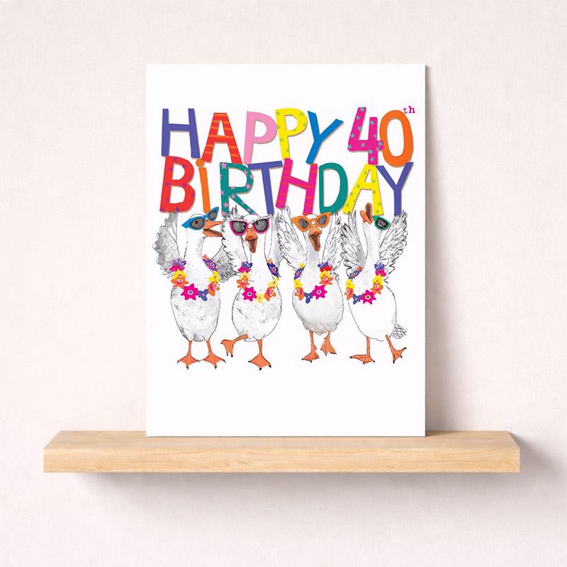 Colorful birds in sunglasses and garlands on a fun A4 greetings card, perfect for birthdays and special moments. Brighten someone's day with this playful design!