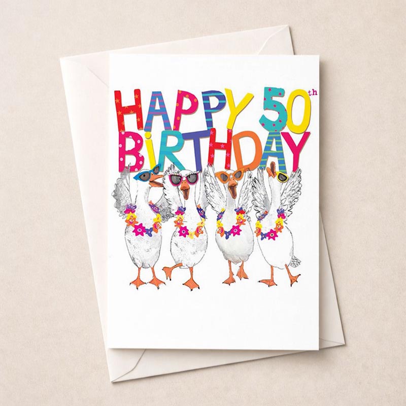 A4 greetings card with ducks in sunglasses and a hat, perfect for birthdays. Vibrant, playful design for animal lovers.