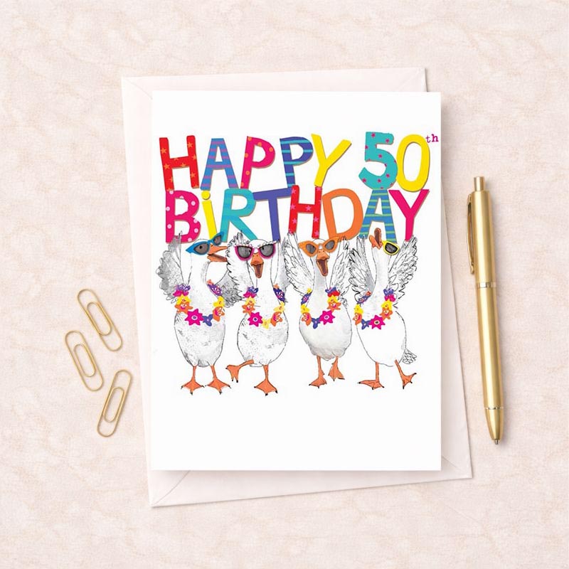 A4 greetings card with ducks in sunglasses and a hat, perfect for birthdays. Vibrant, playful design for animal lovers.
