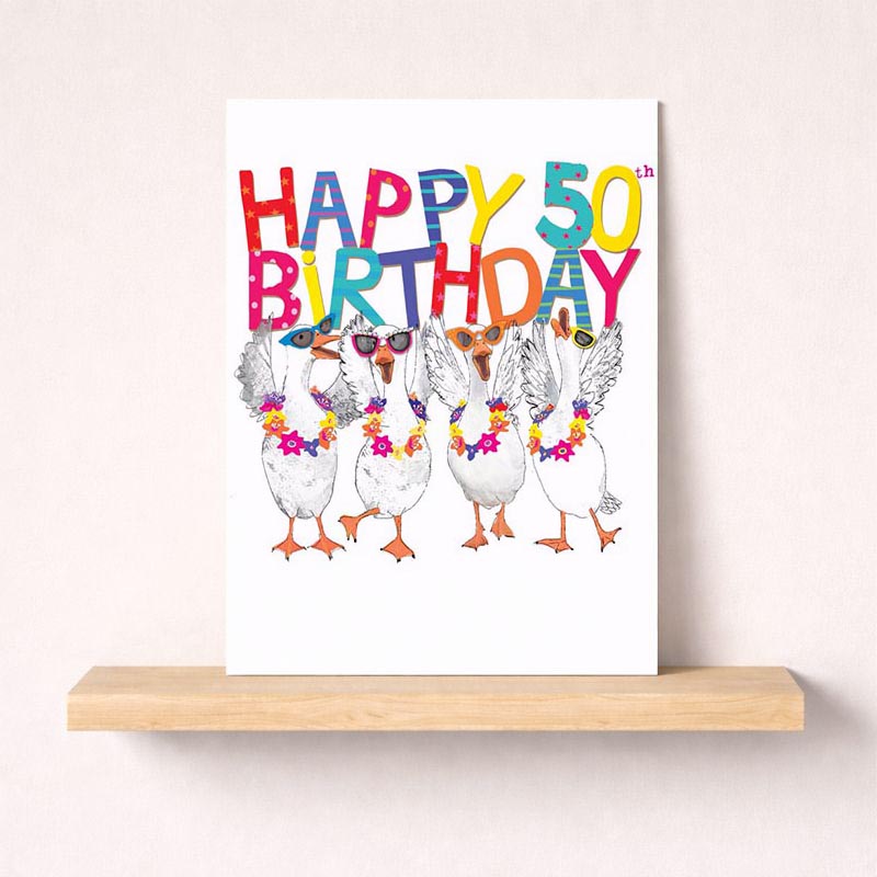 A4 greetings card with ducks in sunglasses and a hat, perfect for birthdays. Vibrant, playful design for animal lovers.