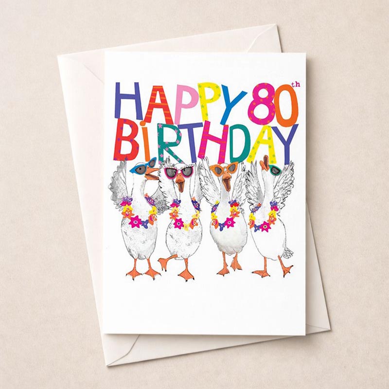 Colorful A4 greetings card with ducks in sunglasses and flower garland, perfect for spreading cheer on any occasion.