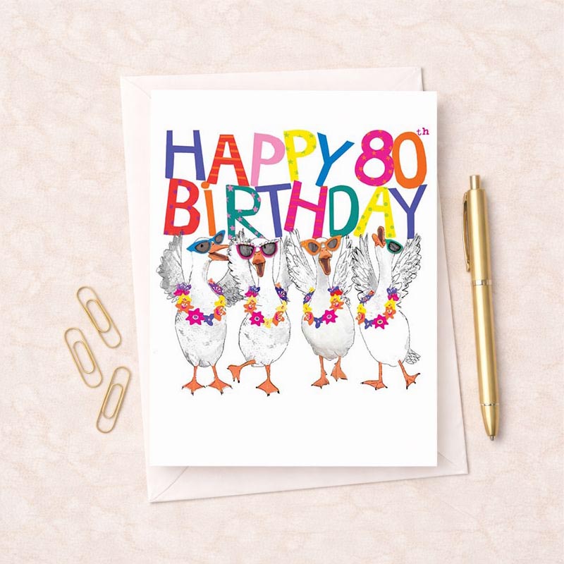 Colorful A4 greetings card with ducks in sunglasses and flower garland, perfect for spreading cheer on any occasion.