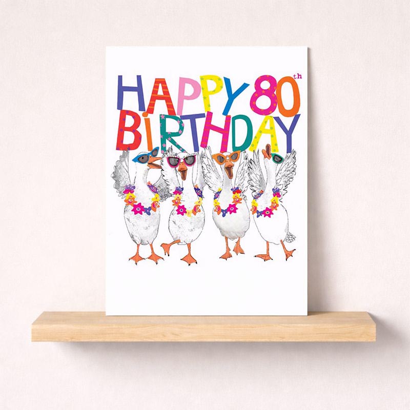 Colorful A4 greetings card with ducks in sunglasses and flower garland, perfect for spreading cheer on any occasion.
